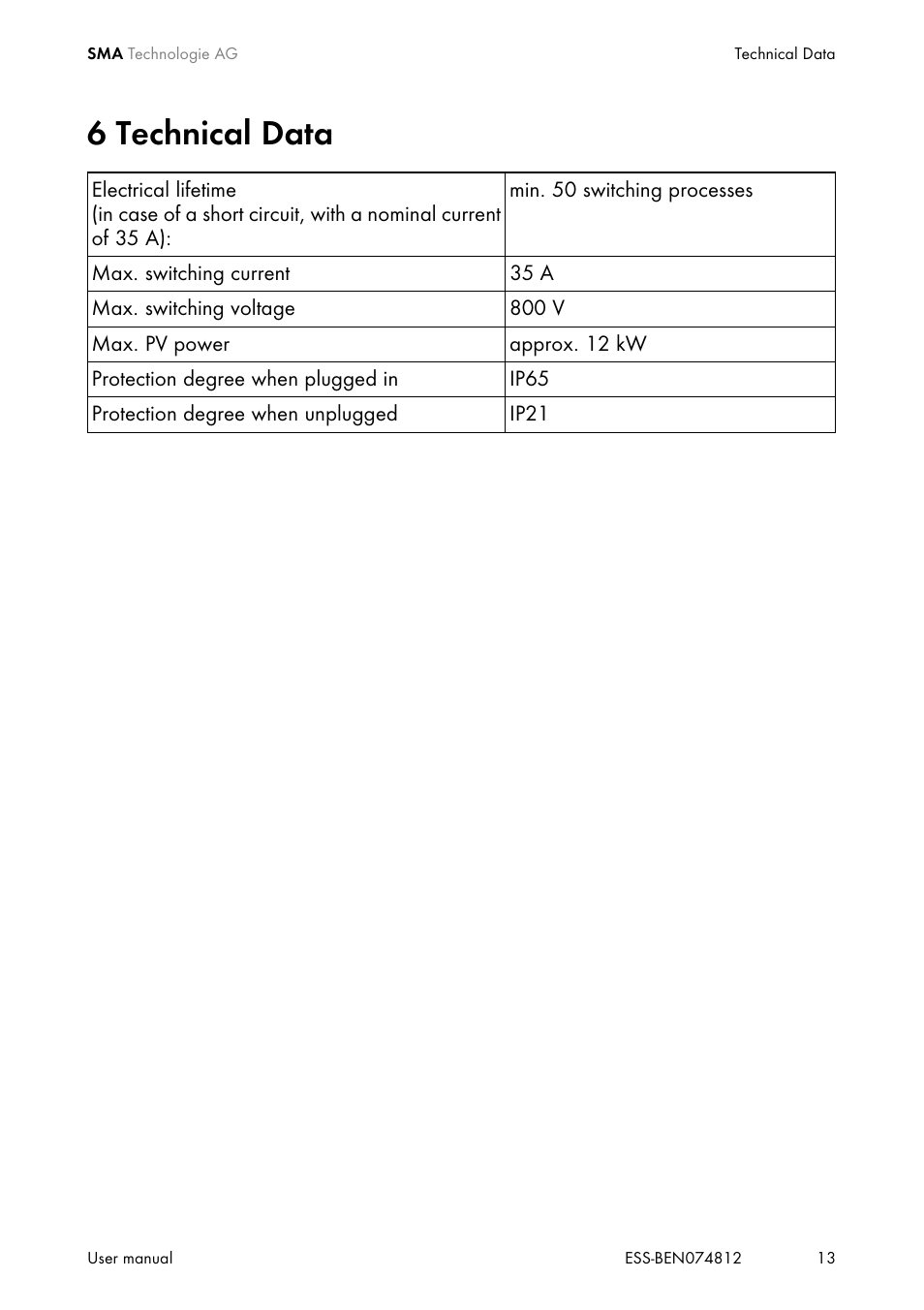 6 technical data, Technical data | SMA ESS User Manual | Page 13 / 16