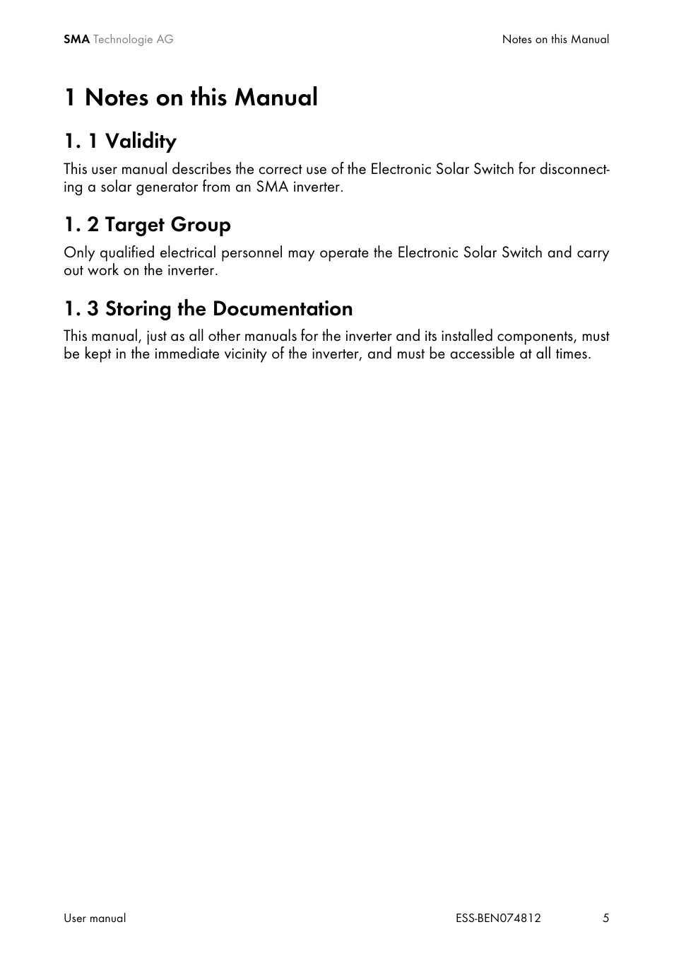 1 notes on this manual, 1 validity, 2 target group | 3 storing the documentation, Notes on this manual, Validity, Target group, Storing the documentation | SMA ESS User Manual | Page 5 / 16