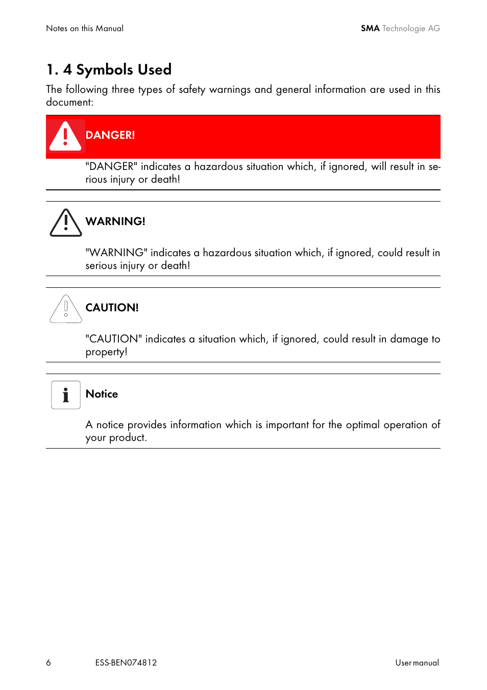4 symbols used, Symbols used | SMA ESS User Manual | Page 6 / 16