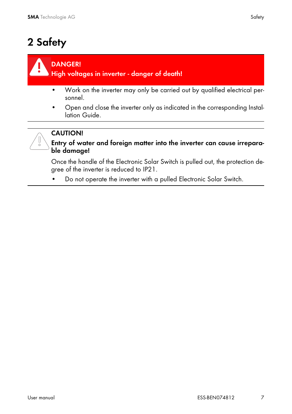2 safety, Safety | SMA ESS User Manual | Page 7 / 16
