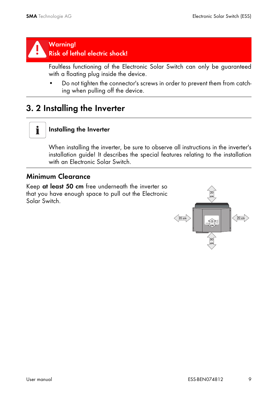 2 installing the inverter, Installing the inverter | SMA ESS User Manual | Page 9 / 16