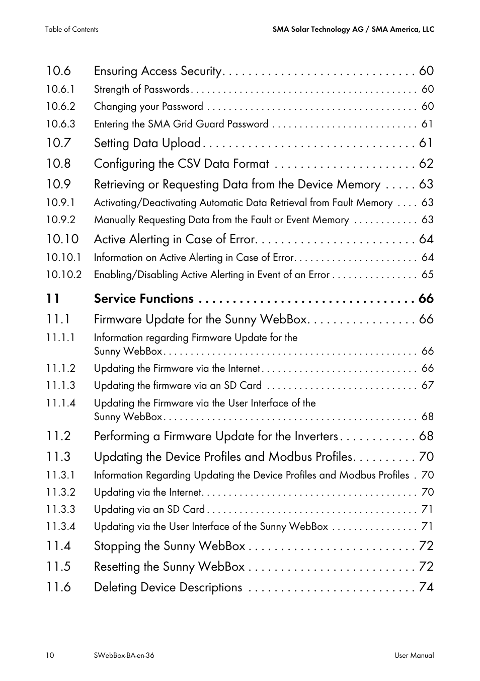 6 ensuring access security, 10 active alerting in case of error | SMA SUNNY WEBBOX User Manual | Page 10 / 94