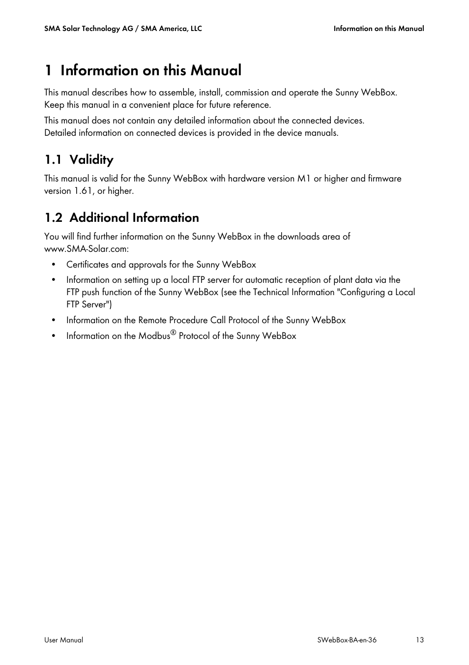 1 information on this manual, 1 validity, 2 additional information | Information on this manual, Validity, Additional information | SMA SUNNY WEBBOX User Manual | Page 13 / 94