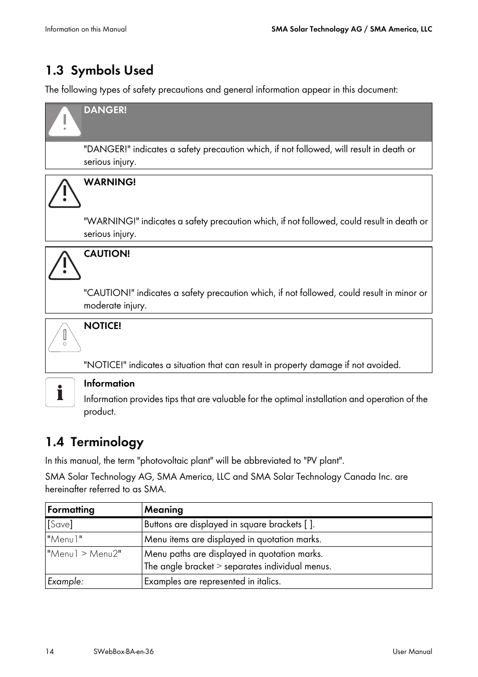3 symbols used, 4 terminology, Symbols used | Terminology | SMA SUNNY WEBBOX User Manual | Page 14 / 94
