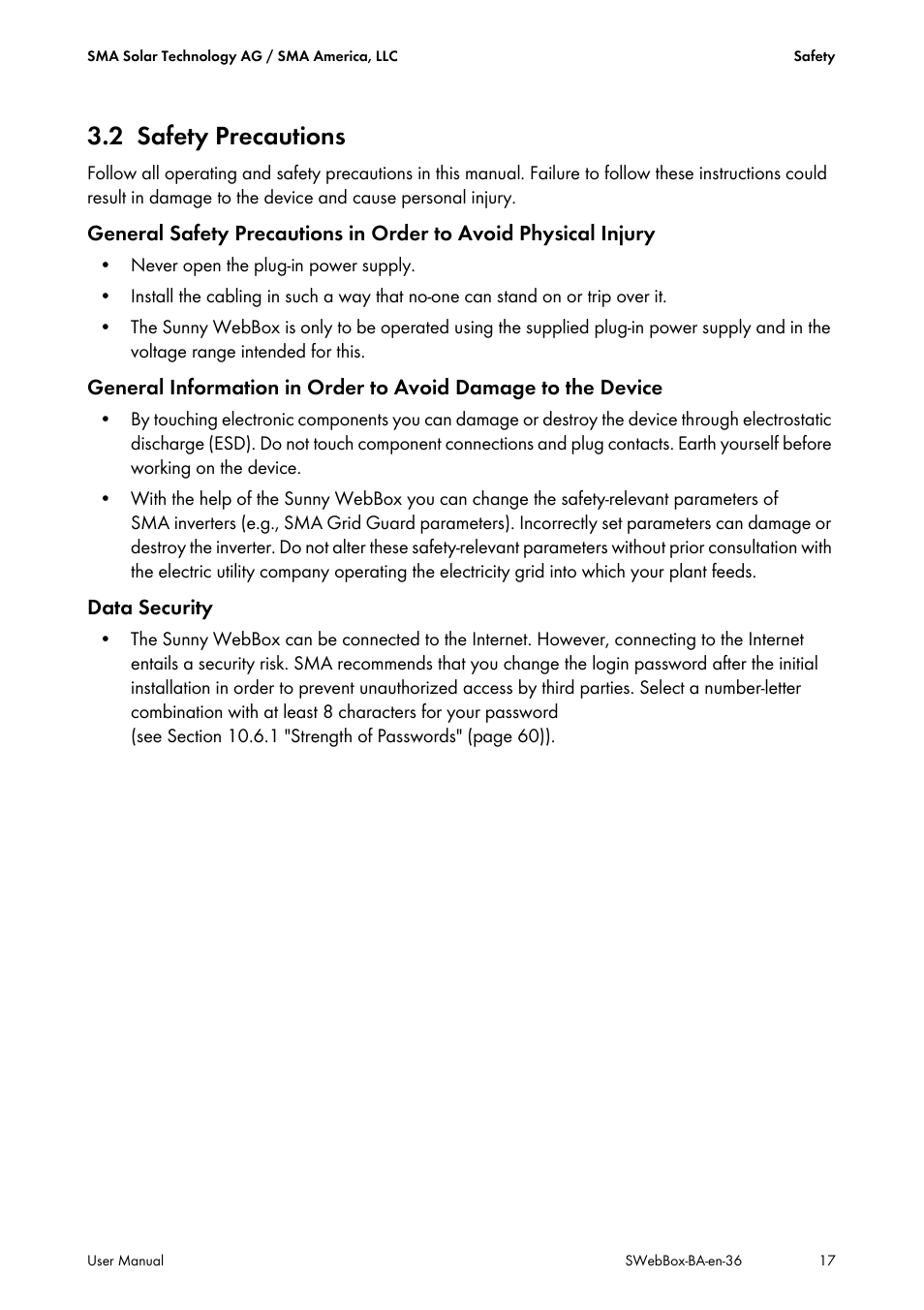 2 safety precautions, Safety precautions | SMA SUNNY WEBBOX User Manual | Page 17 / 94