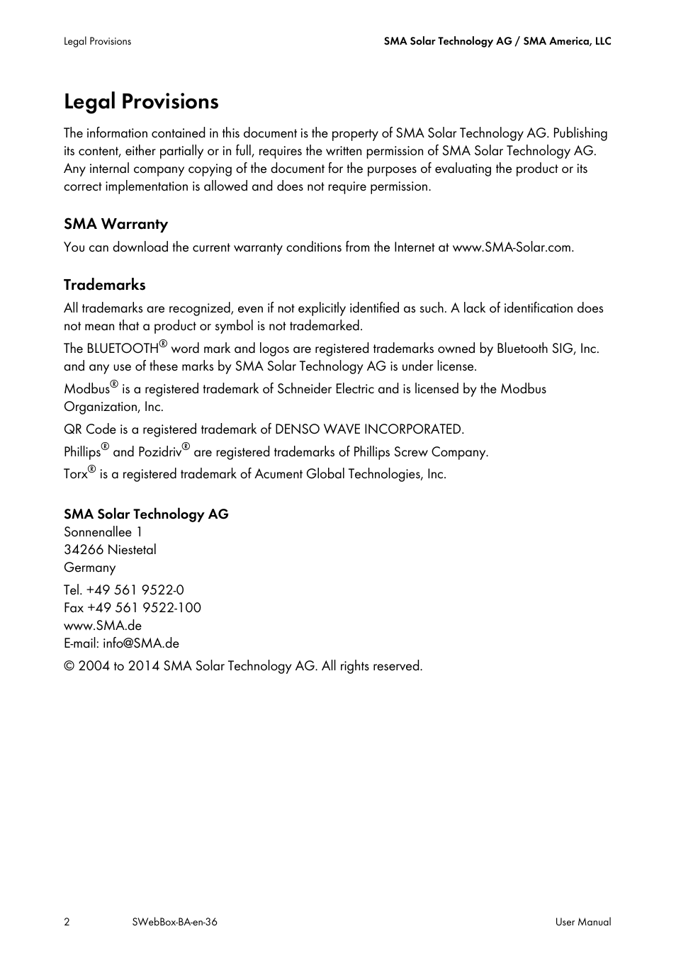 Legal provisions | SMA SUNNY WEBBOX User Manual | Page 2 / 94