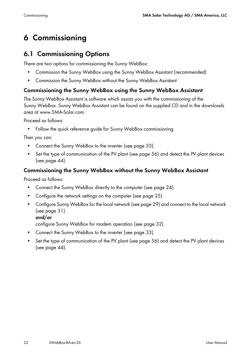 6 commissioning, 1 commissioning options, Commissioning | Commissioning options | SMA SUNNY WEBBOX User Manual | Page 22 / 94