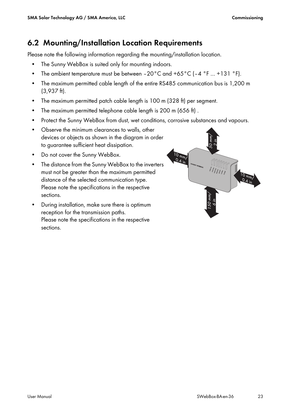 2 mounting/installation location requirements, Mounting/installation location requirements | SMA SUNNY WEBBOX User Manual | Page 23 / 94