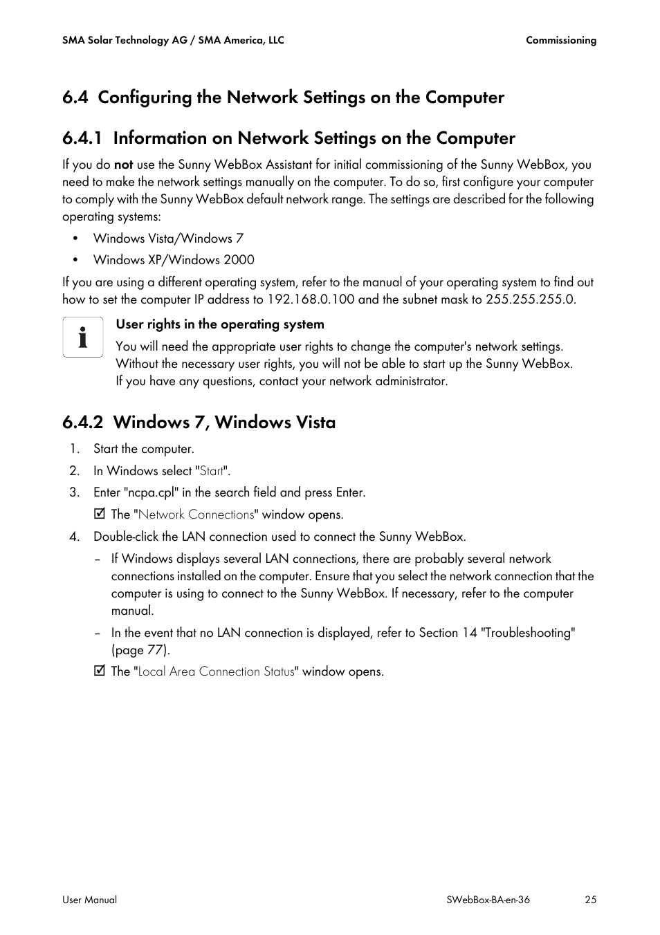 4 configuring the network settings on the computer, 1 information on network settings on the computer, 2 windows 7, windows vista | Configuring the network settings on the computer, Information on network settings on the computer, Windows 7, windows vista | SMA SUNNY WEBBOX User Manual | Page 25 / 94