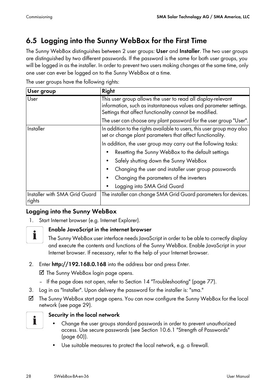 5 logging into the sunny webbox for the first time, Logging into the sunny webbox for the first time | SMA SUNNY WEBBOX User Manual | Page 28 / 94