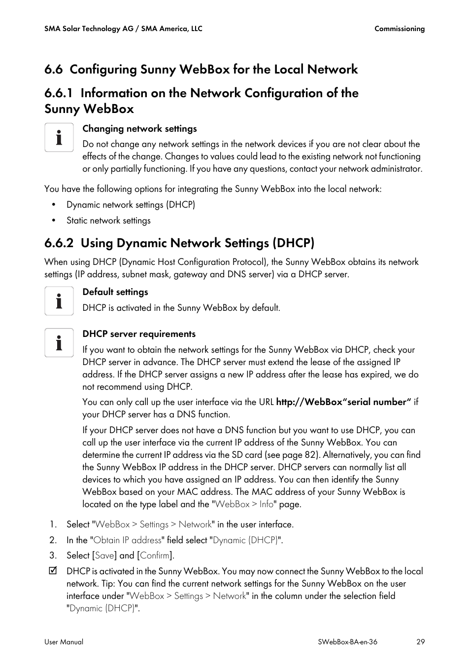 6 configuring sunny webbox for the local network, 2 using dynamic network settings (dhcp), Configuring sunny webbox for the local network | Using dynamic network settings (dhcp), Ge 29) | SMA SUNNY WEBBOX User Manual | Page 29 / 94