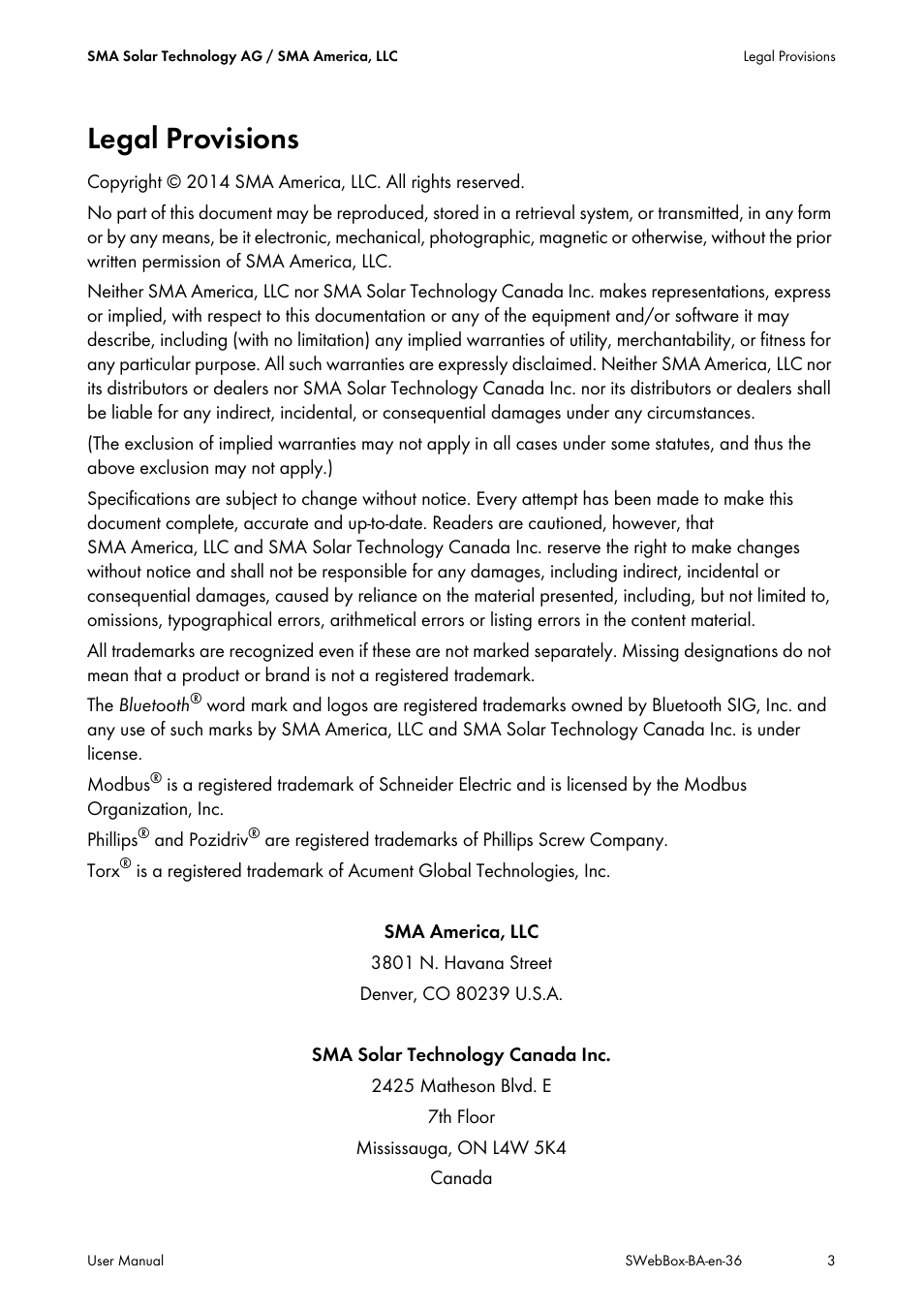Legal provisions | SMA SUNNY WEBBOX User Manual | Page 3 / 94