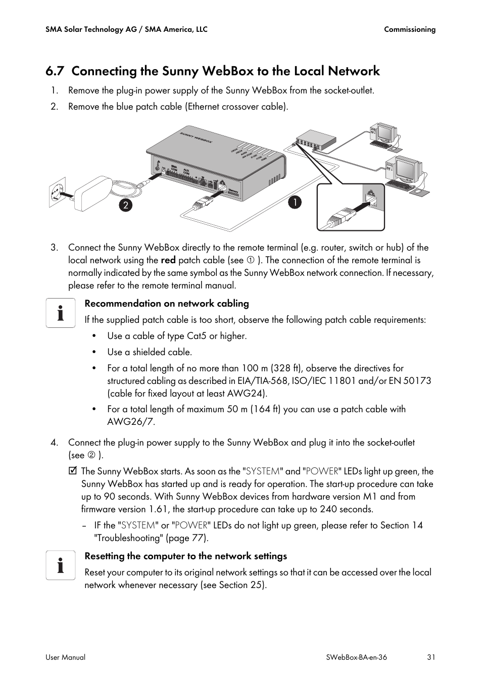 7 connecting the sunny webbox to the local network, Connecting the sunny webbox to the local network | SMA SUNNY WEBBOX User Manual | Page 31 / 94