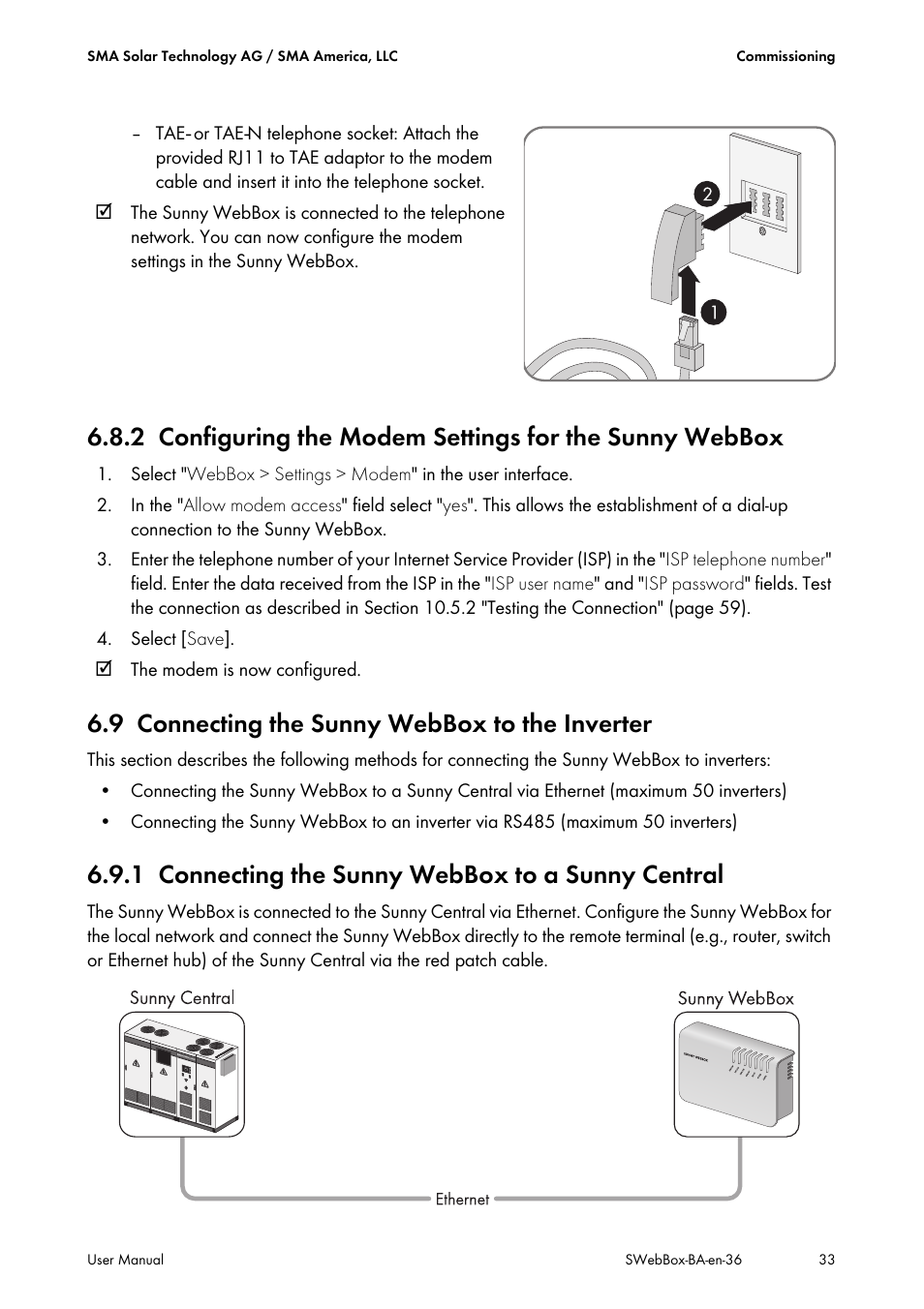 9 connecting the sunny webbox to the inverter, 1 connecting the sunny webbox to a sunny central, Connecting the sunny webbox to the inverter | Connecting the sunny webbox to a sunny central | SMA SUNNY WEBBOX User Manual | Page 33 / 94