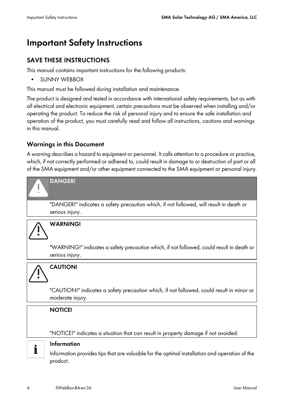 Important safety instructions | SMA SUNNY WEBBOX User Manual | Page 4 / 94