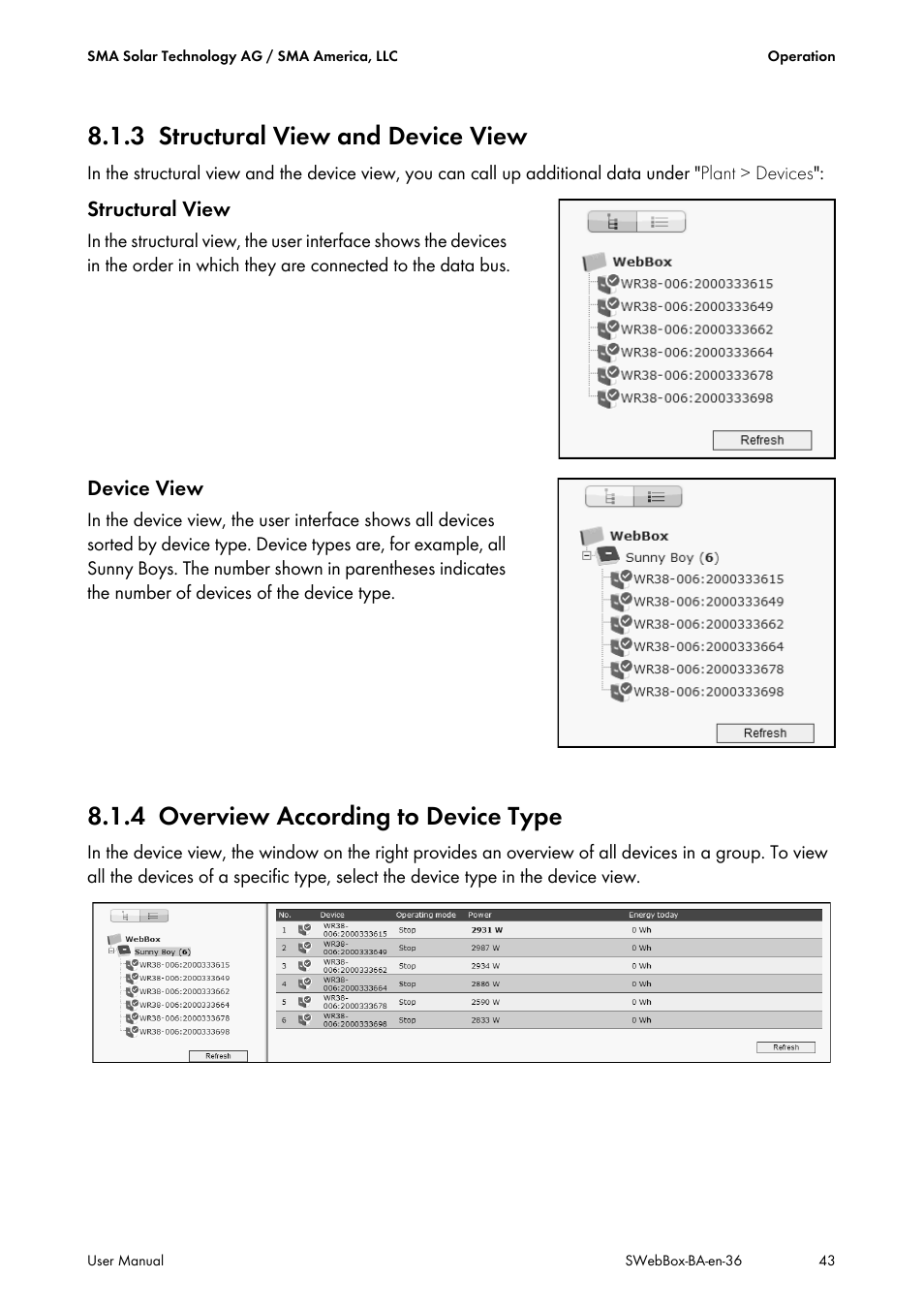 3 structural view and device view, 4 overview according to device type, Structural view and device view | Overview according to device type | SMA SUNNY WEBBOX User Manual | Page 43 / 94