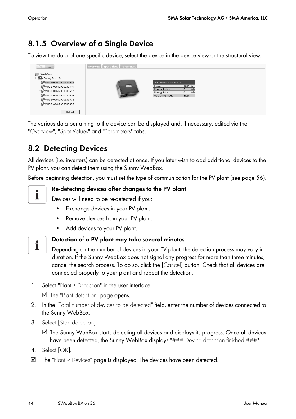 5 overview of a single device, 2 detecting devices, Overview of a single device | Detecting devices | SMA SUNNY WEBBOX User Manual | Page 44 / 94
