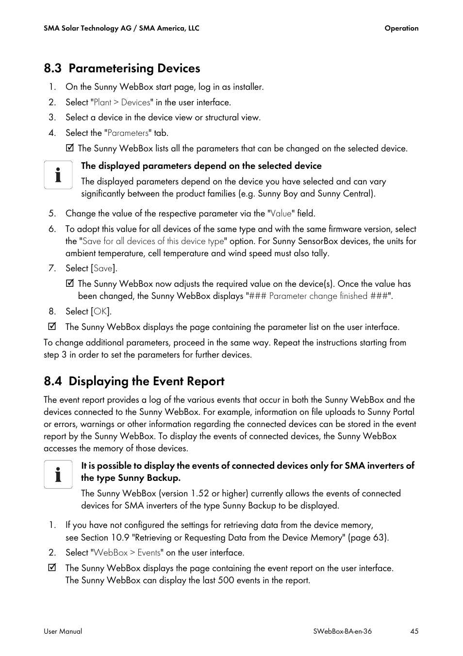 3 parameterising devices, 4 displaying the event report, Parameterising devices | Displaying the event report | SMA SUNNY WEBBOX User Manual | Page 45 / 94