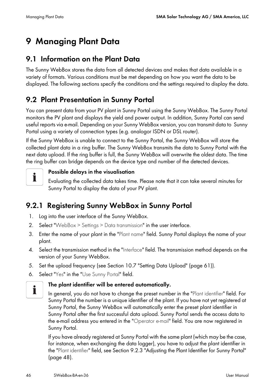 9 managing plant data, 1 information on the plant data, 2 plant presentation in sunny portal | 1 registering sunny webbox in sunny portal, Managing plant data, Information on the plant data, Plant presentation in sunny portal, Registering sunny webbox in sunny portal | SMA SUNNY WEBBOX User Manual | Page 46 / 94