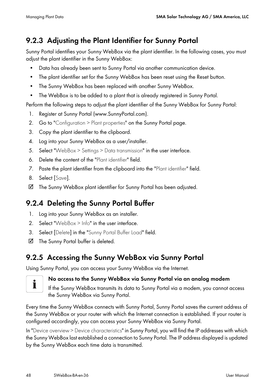 3 adjusting the plant identifier for sunny portal, 4 deleting the sunny portal buffer, 5 accessing the sunny webbox via sunny portal | Adjusting the plant identifier for sunny portal, Deleting the sunny portal buffer, Accessing the sunny webbox via sunny portal | SMA SUNNY WEBBOX User Manual | Page 48 / 94