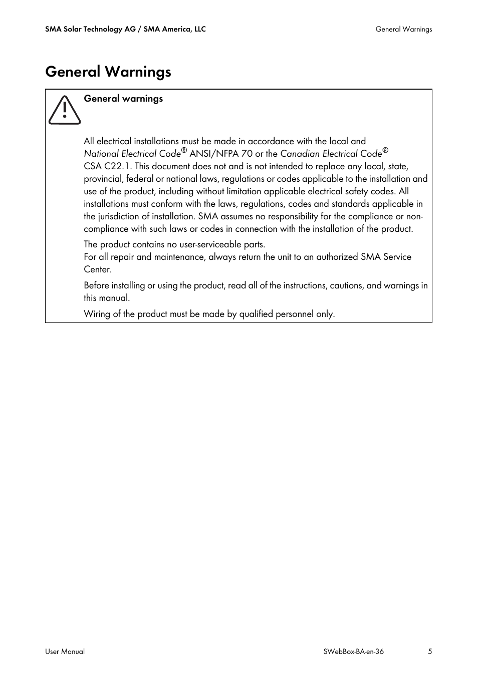 General warnings | SMA SUNNY WEBBOX User Manual | Page 5 / 94