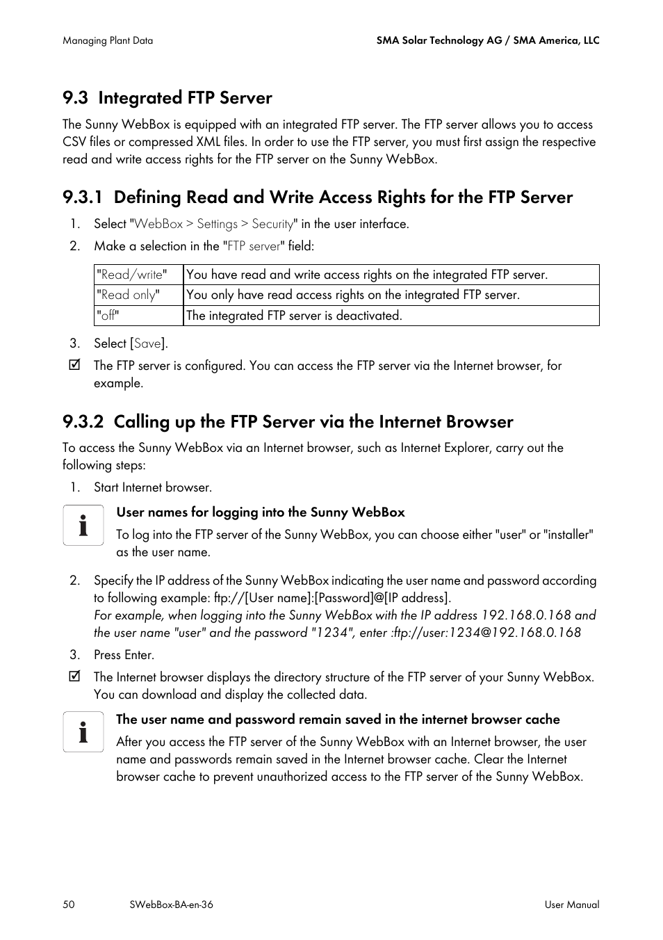 3 integrated ftp server, Integrated ftp server, Calling up the ftp server via the internet browser | SMA SUNNY WEBBOX User Manual | Page 50 / 94