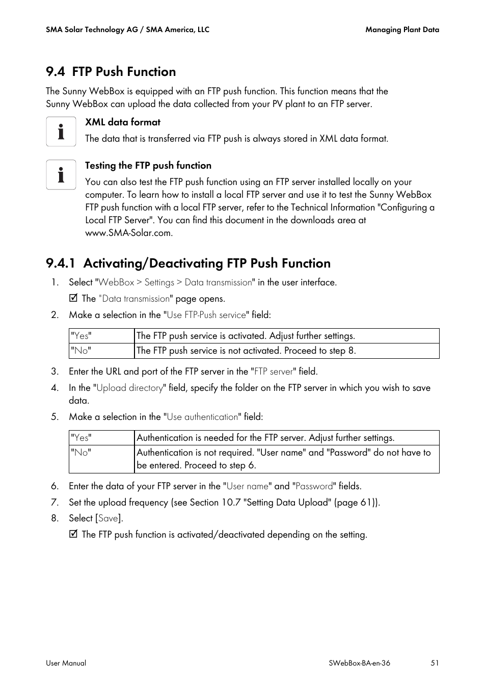 4 ftp push function, 1 activating/deactivating ftp push function, Ftp push function | Activating/deactivating ftp push function | SMA SUNNY WEBBOX User Manual | Page 51 / 94