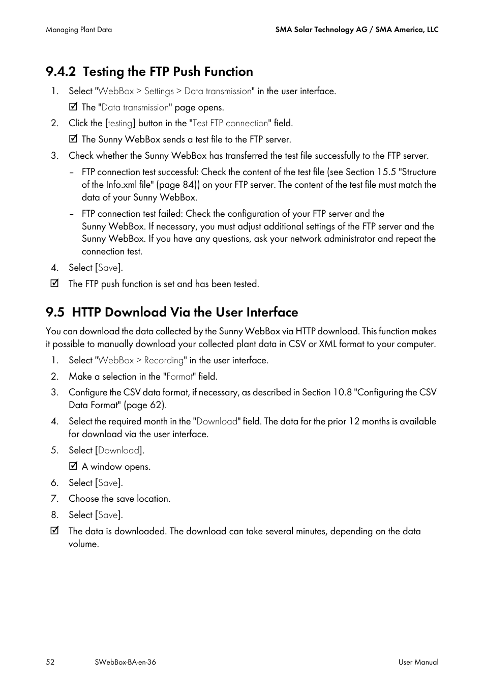 2 testing the ftp push function, 5 http download via the user interface, Testing the ftp push function | Http download via the user interface | SMA SUNNY WEBBOX User Manual | Page 52 / 94