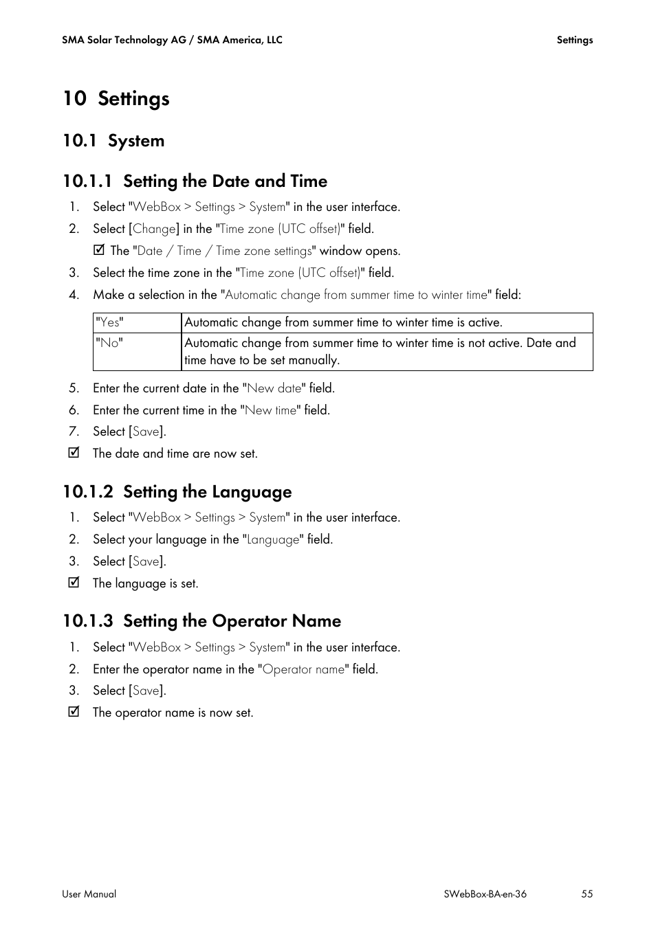 10 settings, 1 system, 1 setting the date and time | 2 setting the language, 3 setting the operator name, Settings, System, Setting the date and time, Setting the language, Setting the operator name | SMA SUNNY WEBBOX User Manual | Page 55 / 94