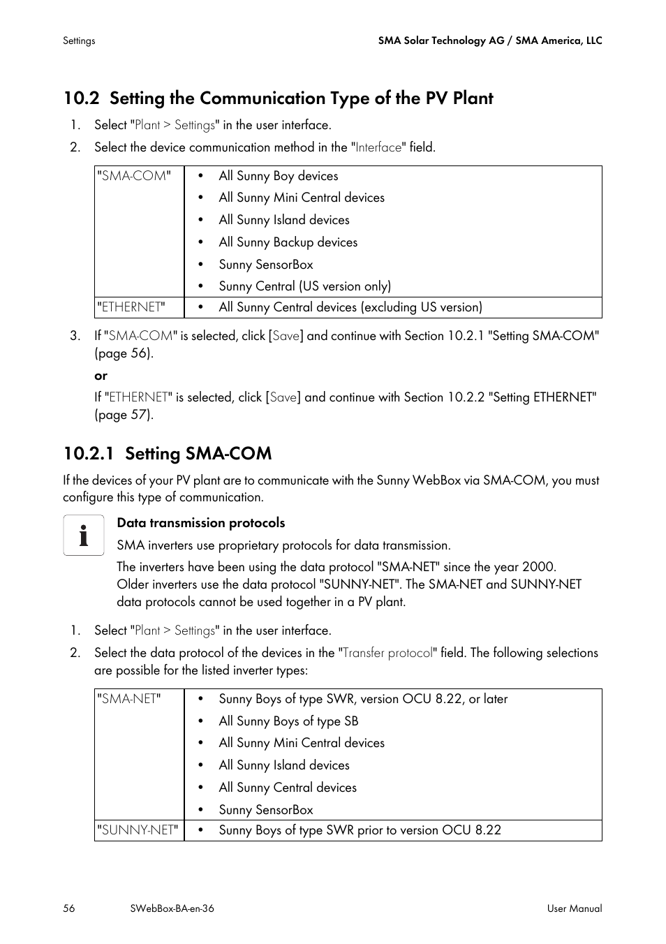 2 setting the communication type of the pv plant, 1 setting sma-com, Setting the communication type of the pv plant | Setting sma-com | SMA SUNNY WEBBOX User Manual | Page 56 / 94
