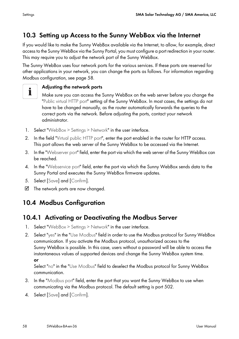 4 modbus configuration, 1 activating or deactivating the modbus server, Modbus configuration | Activating or deactivating the modbus server | SMA SUNNY WEBBOX User Manual | Page 58 / 94