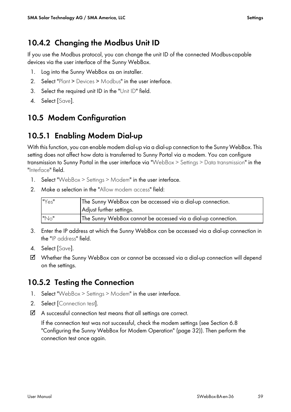 2 changing the modbus unit id, 5 modem configuration, 1 enabling modem dial-up | 2 testing the connection, Changing the modbus unit id, Modem configuration, Enabling modem dial-up, Testing the connection | SMA SUNNY WEBBOX User Manual | Page 59 / 94