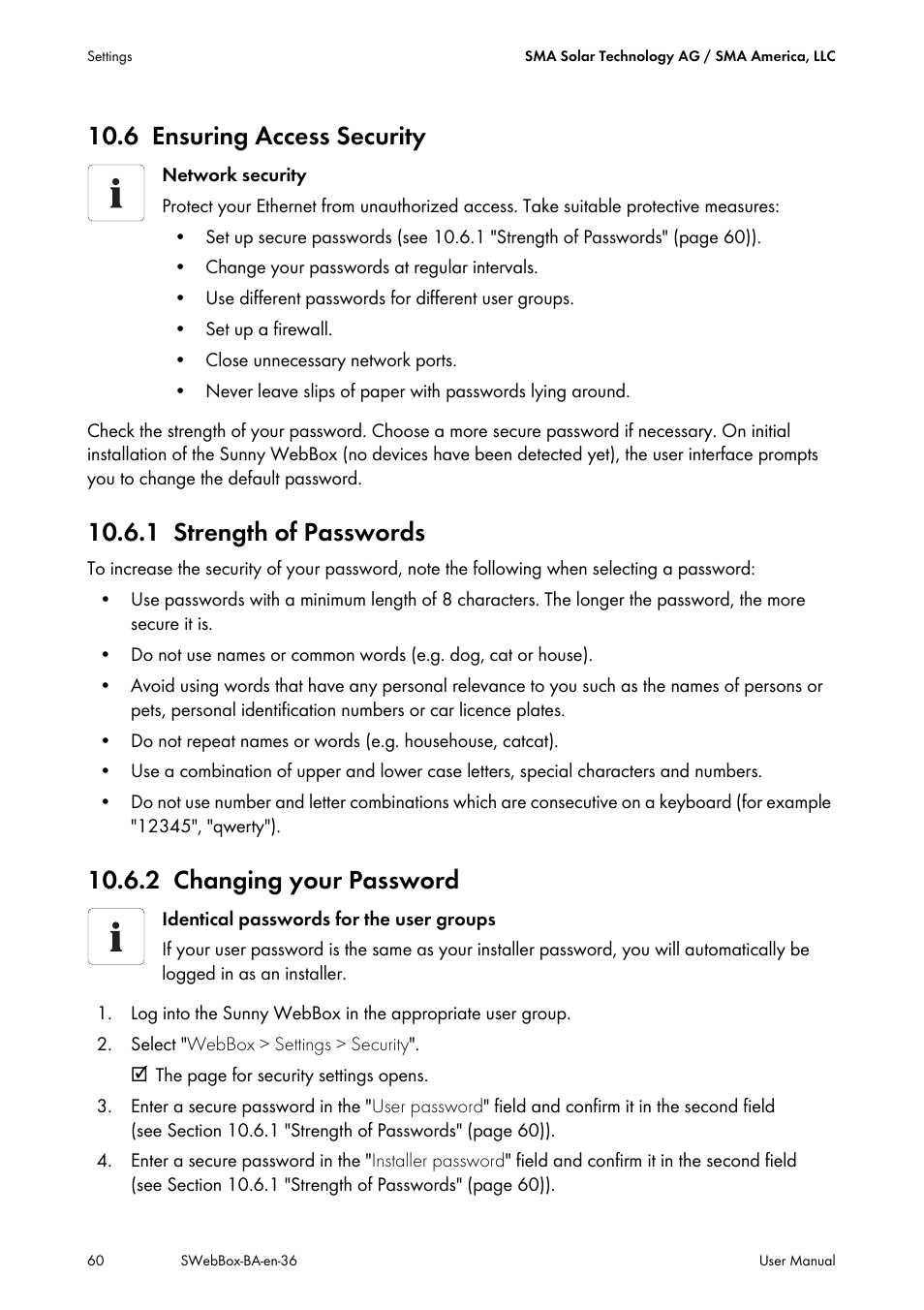 6 ensuring access security, 1 strength of passwords, 2 changing your password | Ensuring access security, Strength of passwords, Changing your password, 1 "strength of passwords | SMA SUNNY WEBBOX User Manual | Page 60 / 94