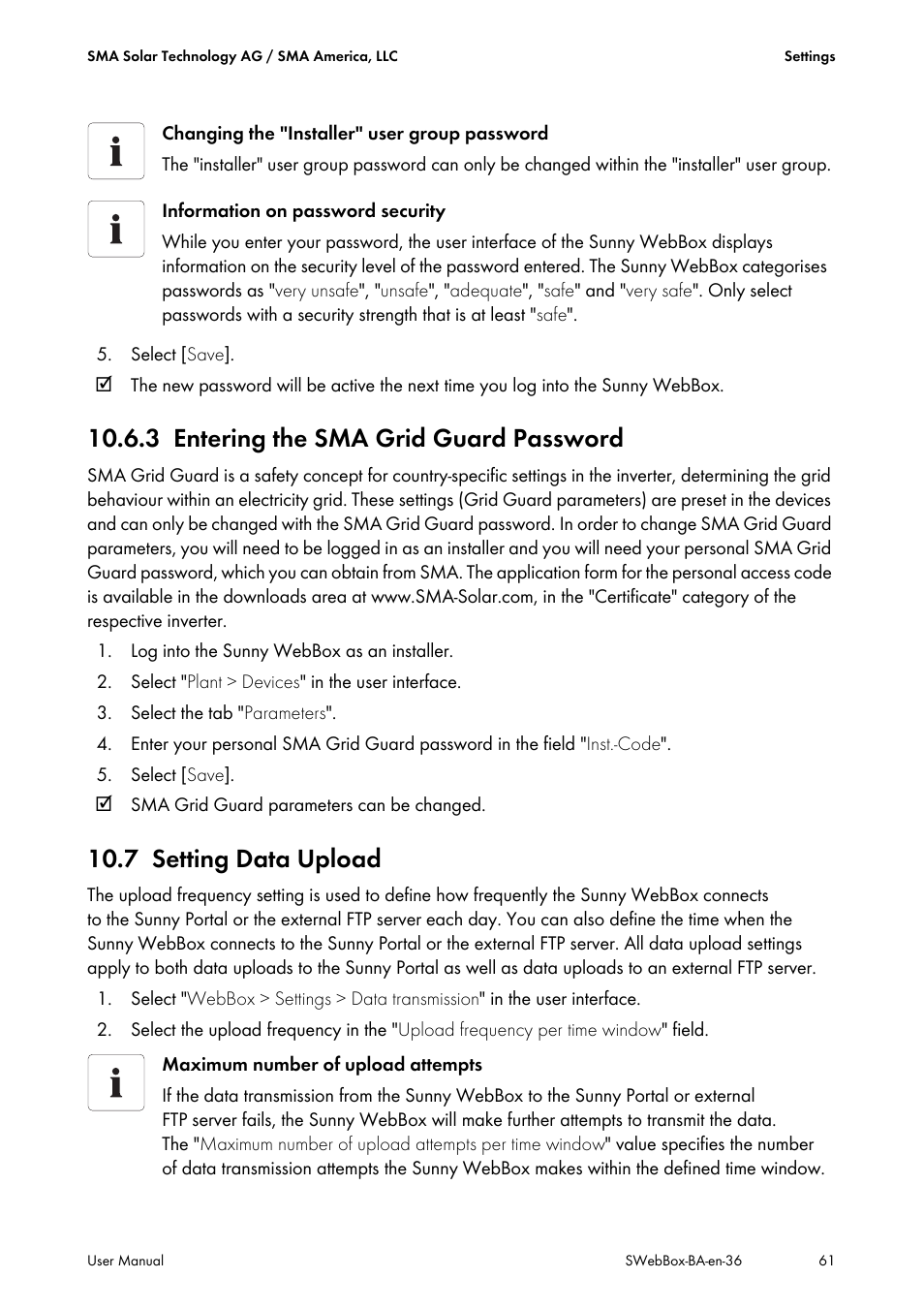 3 entering the sma grid guard password, 7 setting data upload, Entering the sma grid guard password | Setting data upload | SMA SUNNY WEBBOX User Manual | Page 61 / 94