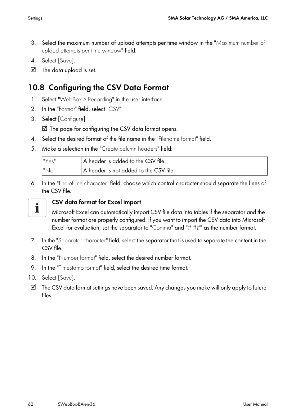 8 configuring the csv data format, Configuring the csv data format, N 10.8 "configuring the csv | SMA SUNNY WEBBOX User Manual | Page 62 / 94