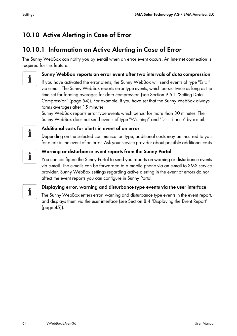 10 active alerting in case of error, 1 information on active alerting in case of error | SMA SUNNY WEBBOX User Manual | Page 64 / 94