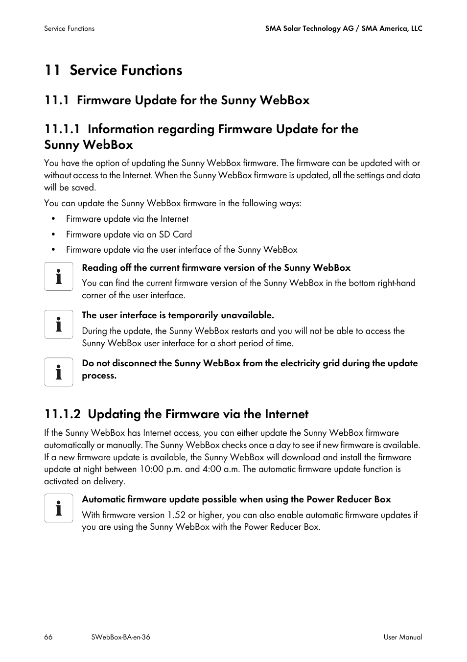 11 service functions, 1 firmware update for the sunny webbox, 2 updating the firmware via the internet | Service functions, Firmware update for the sunny webbox, Updating the firmware via the internet | SMA SUNNY WEBBOX User Manual | Page 66 / 94