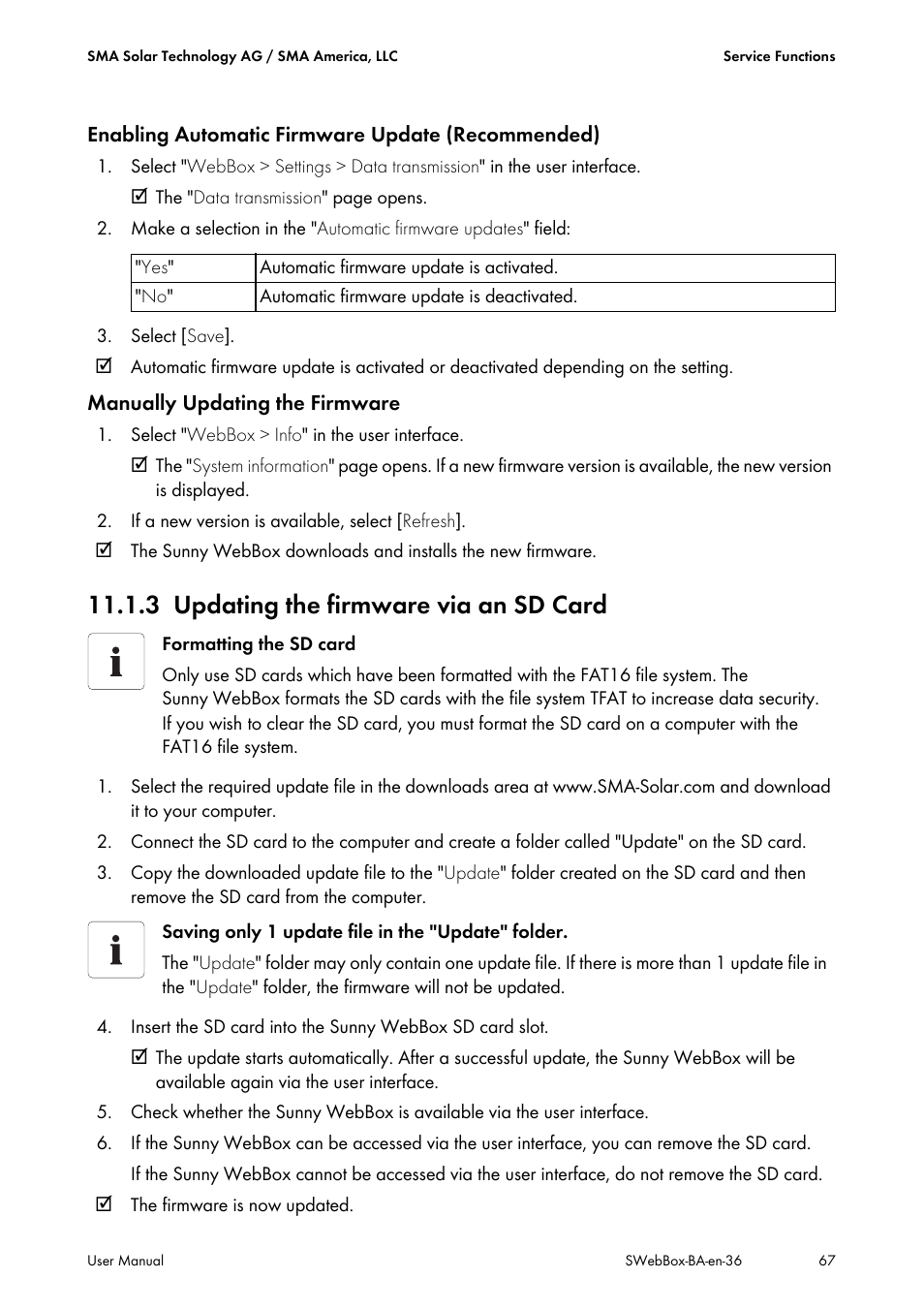 3 updating the firmware via an sd card, Updating the firmware via an sd card | SMA SUNNY WEBBOX User Manual | Page 67 / 94