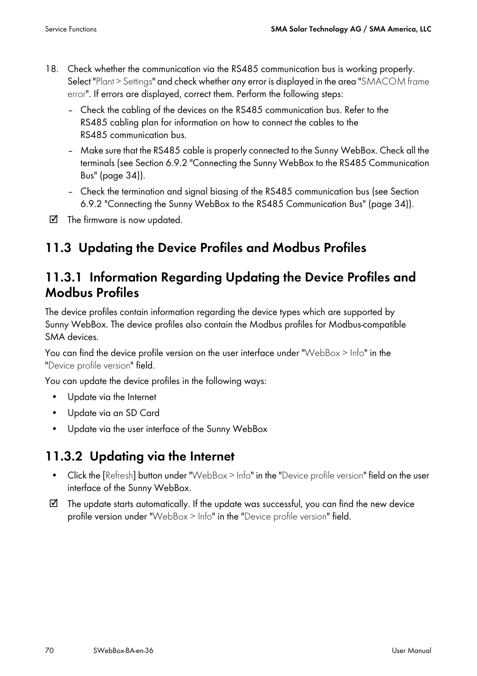 3 updating the device profiles and modbus profiles, 2 updating via the internet, Updating the device profiles and modbus profiles | Updating via the internet | SMA SUNNY WEBBOX User Manual | Page 70 / 94