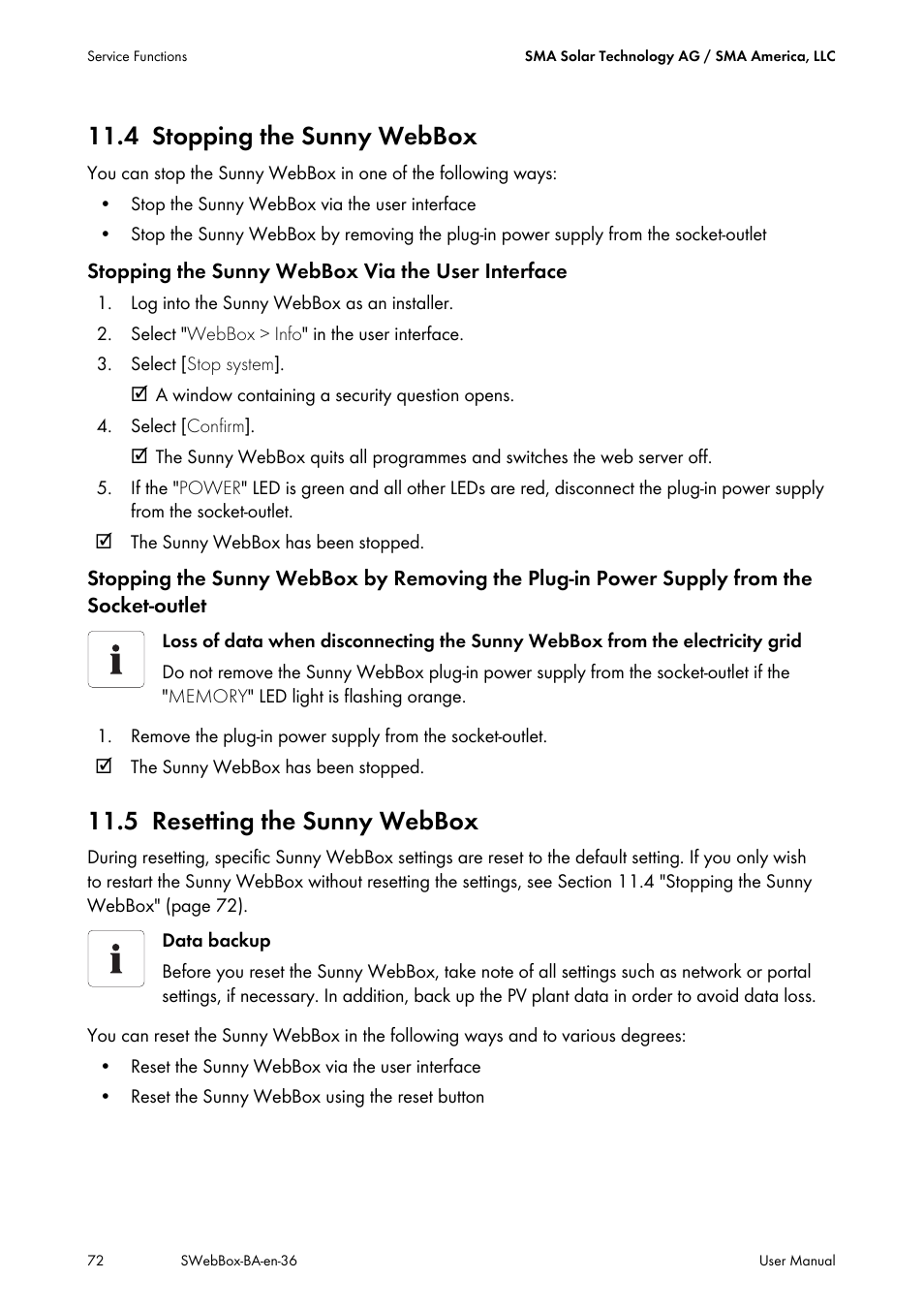 4 stopping the sunny webbox, 5 resetting the sunny webbox, Stopping the sunny webbox | Resetting the sunny webbox | SMA SUNNY WEBBOX User Manual | Page 72 / 94
