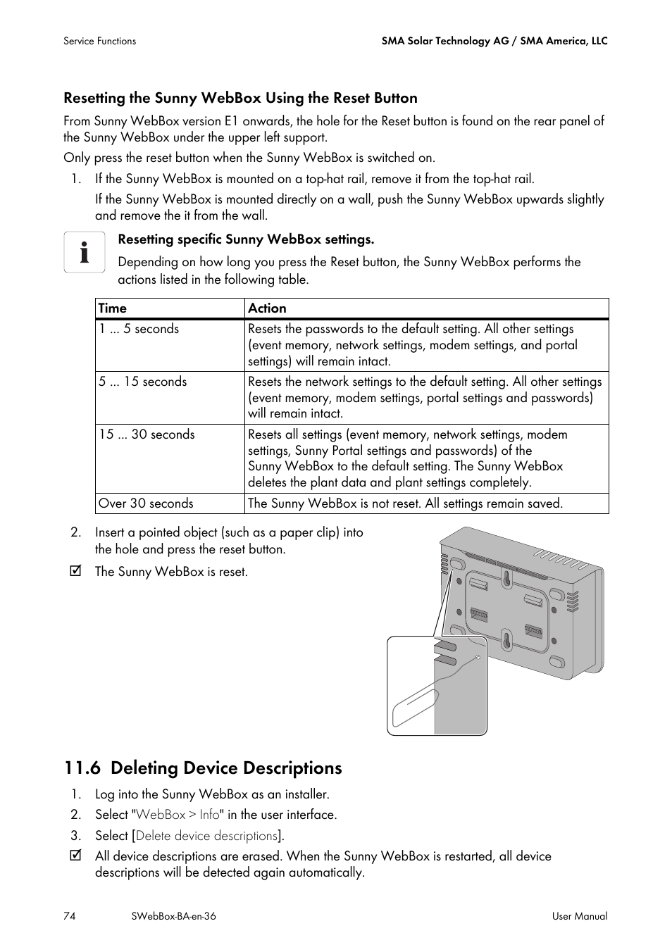 6 deleting device descriptions, Deleting device descriptions | SMA SUNNY WEBBOX User Manual | Page 74 / 94