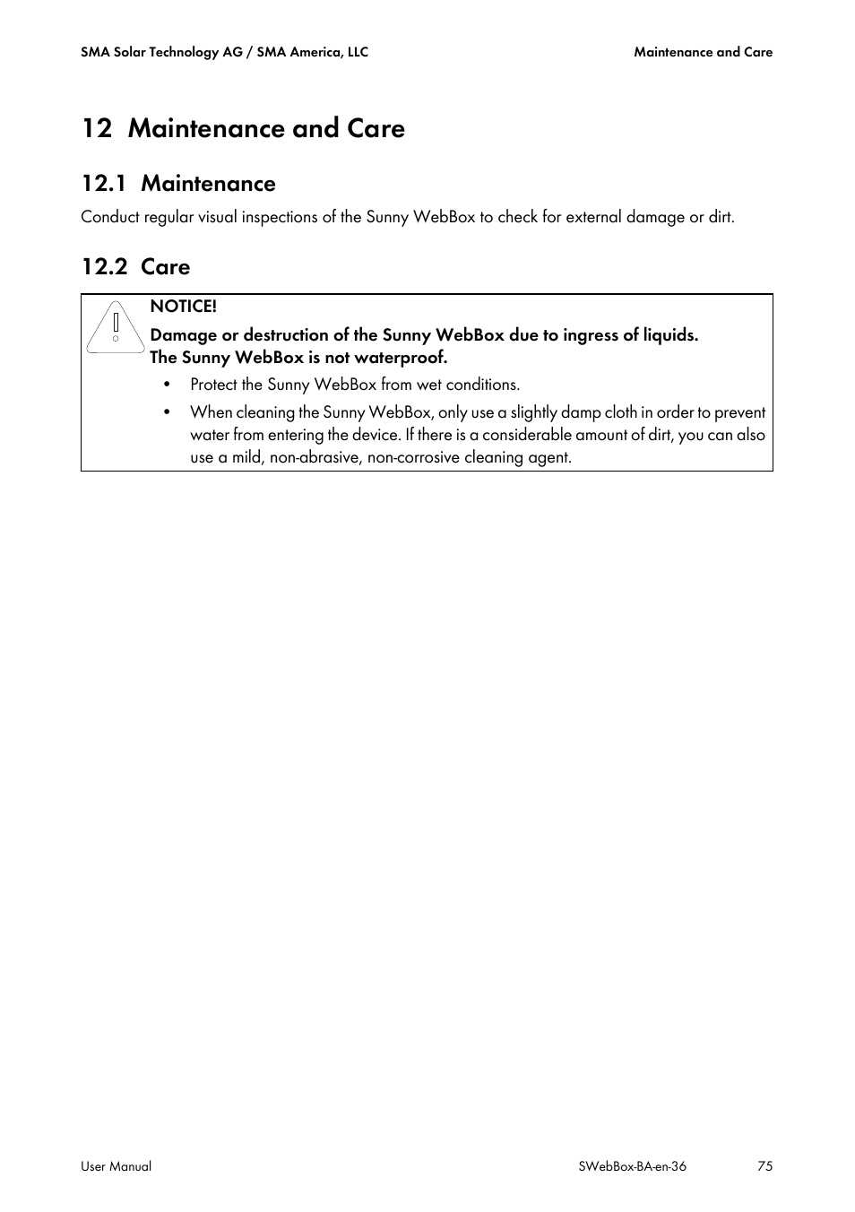 12 maintenance and care, 1 maintenance, 2 care | Maintenance and care, Maintenance, Care | SMA SUNNY WEBBOX User Manual | Page 75 / 94