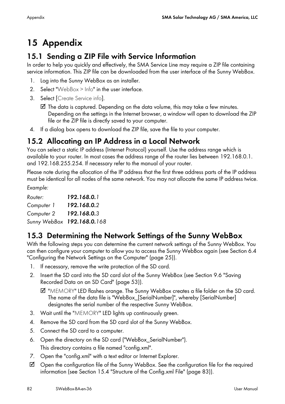 15 appendix, 1 sending a zip file with service information, 2 allocating an ip address in a local network | Appendix, Sending a zip file with service information, Allocating an ip address in a local network | SMA SUNNY WEBBOX User Manual | Page 82 / 94