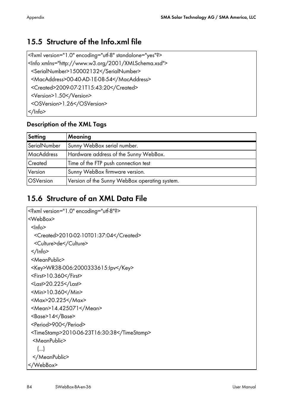5 structure of the info.xml file, 6 structure of an xml data file, Structure of the info.xml file | Structure of an xml data file, Ion 15.5 "structure | SMA SUNNY WEBBOX User Manual | Page 84 / 94