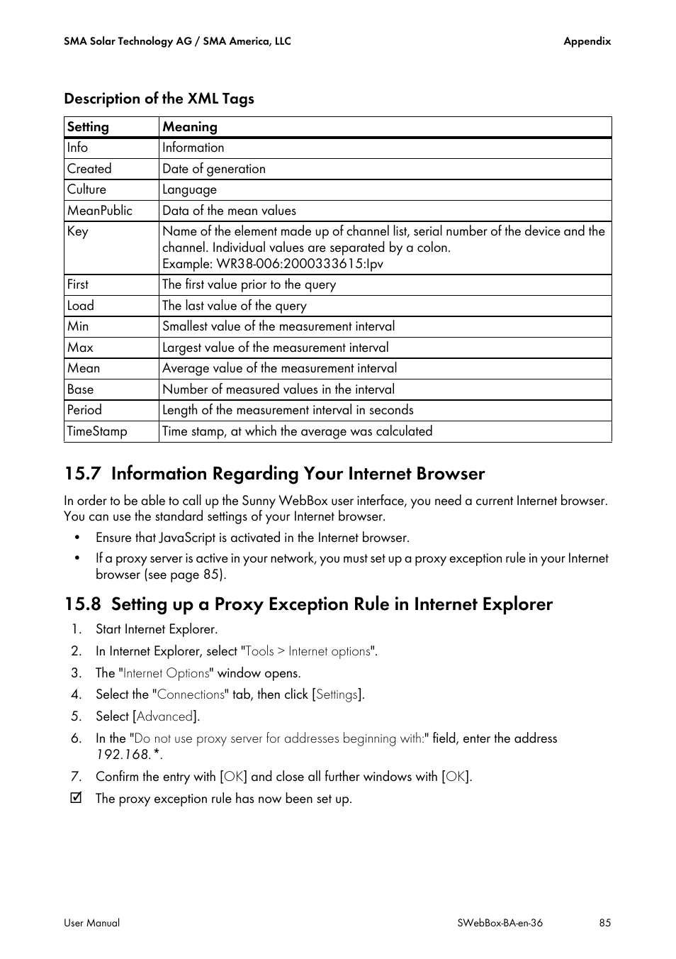 7 information regarding your internet browser, Information regarding your internet browser | SMA SUNNY WEBBOX User Manual | Page 85 / 94