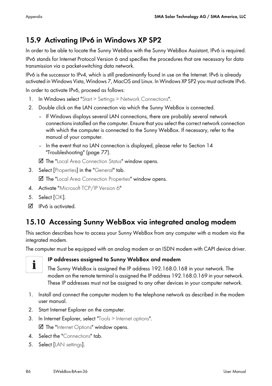 9 activating ipv6 in windows xp sp2, Activating ipv6 in windows xp sp2 | SMA SUNNY WEBBOX User Manual | Page 86 / 94