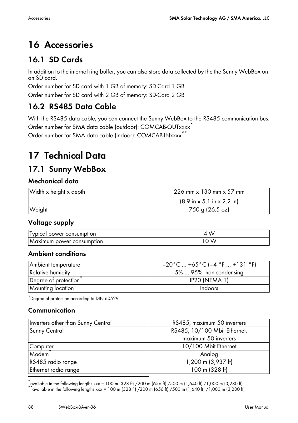 16 accessories, 1 sd cards, 2 rs485 data cable | 17 technical data, 1 sunny webbox, Accessories, Sd cards, Rs485 data cable, Technical data, Sunny webbox | SMA SUNNY WEBBOX User Manual | Page 88 / 94