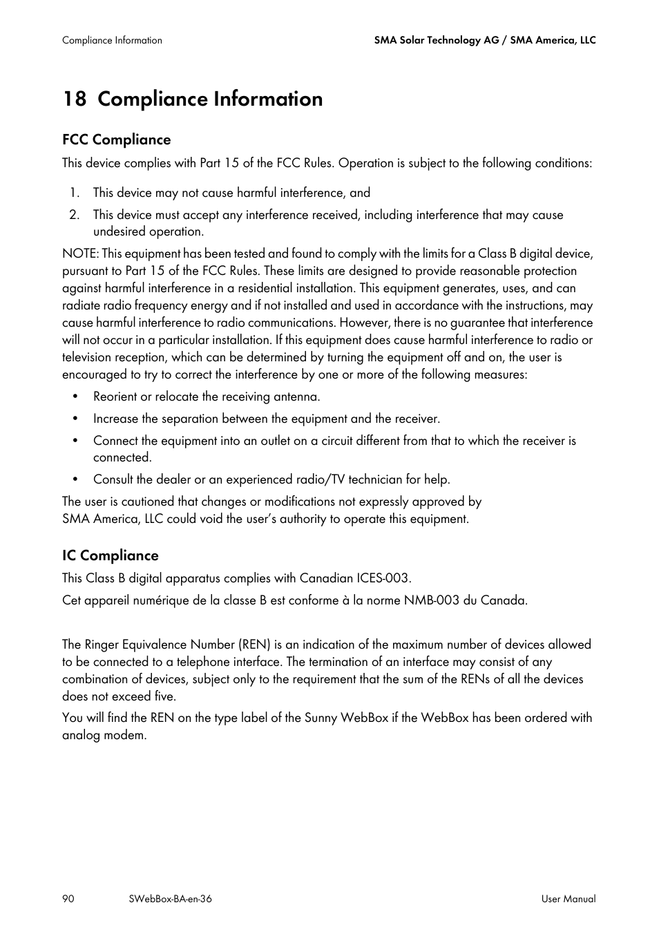 18 compliance information, Compliance information | SMA SUNNY WEBBOX User Manual | Page 90 / 94