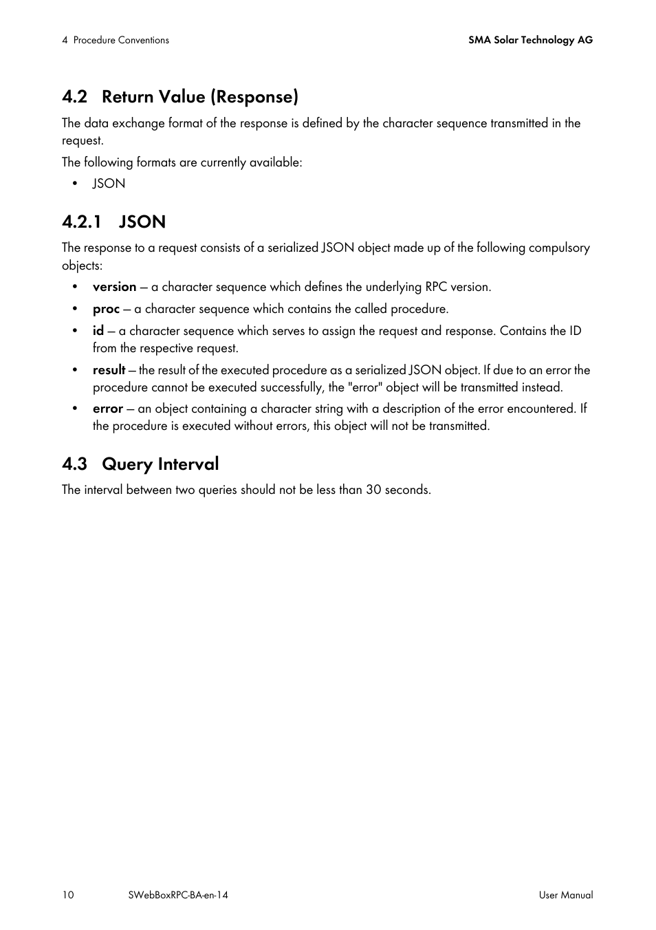 2 return value (response), 1 json, 3 query interval | SMA SUNNY WEBBOX RPC User Manual | Page 10 / 35