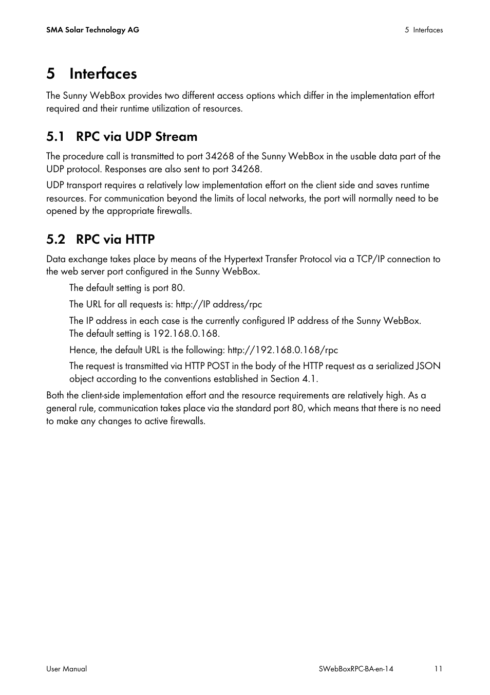 5 interfaces, 1 rpc via udp stream, 2 rpc via http | 1 rpc via udp stream 5.2 rpc via http | SMA SUNNY WEBBOX RPC User Manual | Page 11 / 35